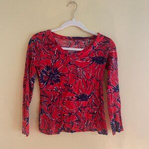 Lilly Pulitzer Red and Navy Flower Patterned V-Neck Shirt Size X-Small